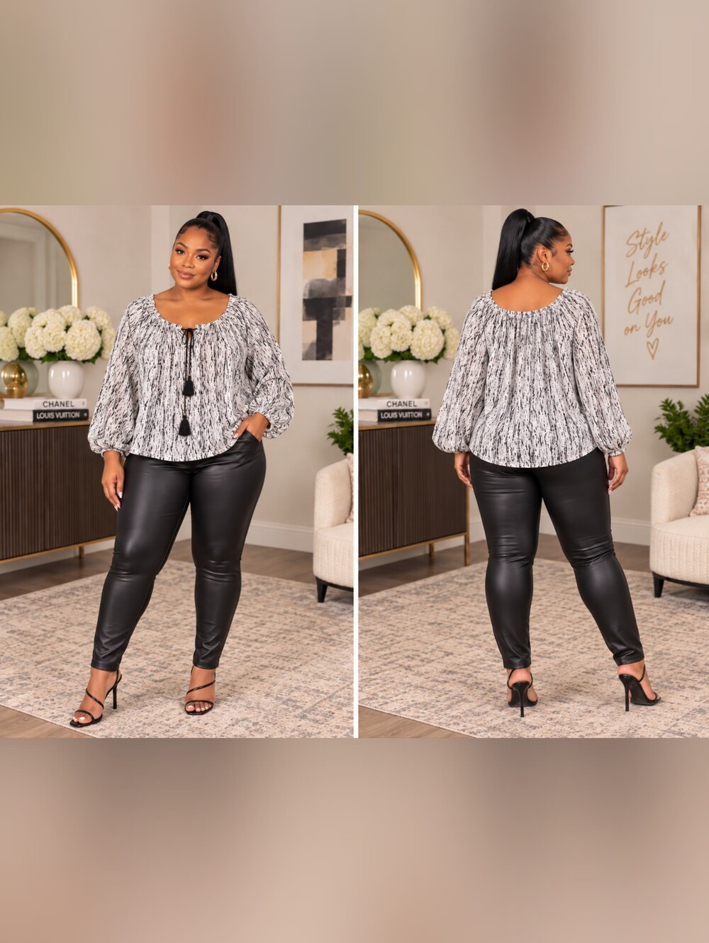 Plus Size Black & White Printed Peasant Blouse with Tassel Tie